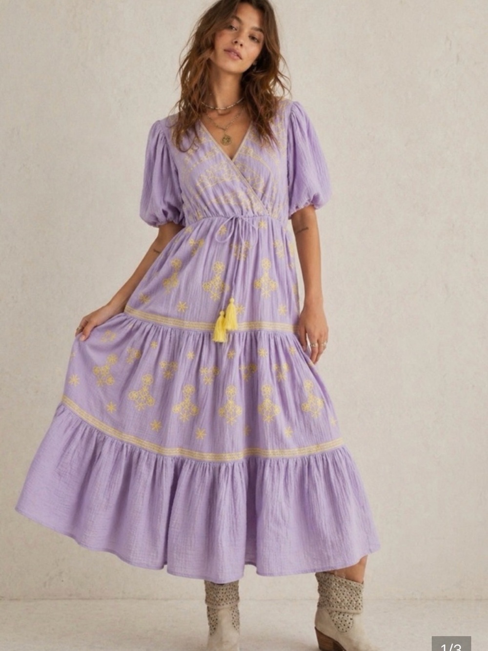 New Easel Lavender Embroidered Puff-Sleeve Maxi Dress with Tassel Tie Gauze Smal